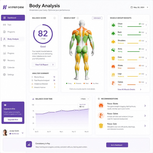 Hyprform Body Analysis dashboard with progress trends and body-map view